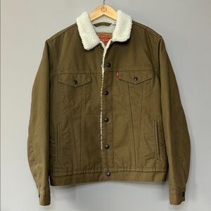 Levi’s Sherpa Lined Canvas Trucker Jacket Size Small Tan Khaki Brown
